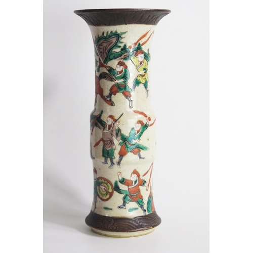 1225 - A Cantonese crackle glaze sleeve vase, decorated with mounted warriors and foot soldiers, with impre... 