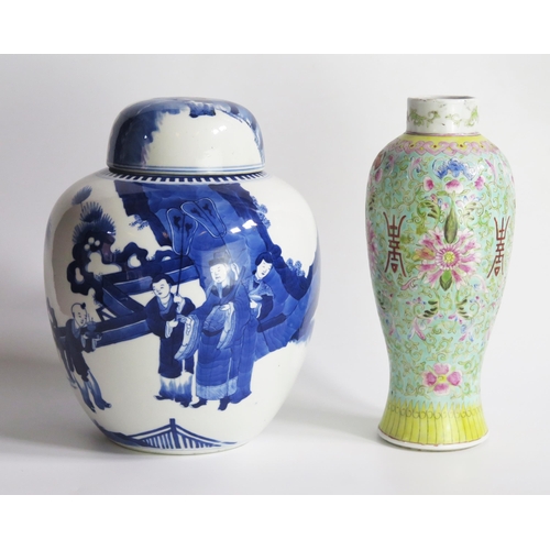 1226 - A large Chinese blue and white ginger jar and cover, decorated with emperor and attendants in a land... 