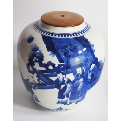 1226 - A large Chinese blue and white ginger jar and cover, decorated with emperor and attendants in a land... 