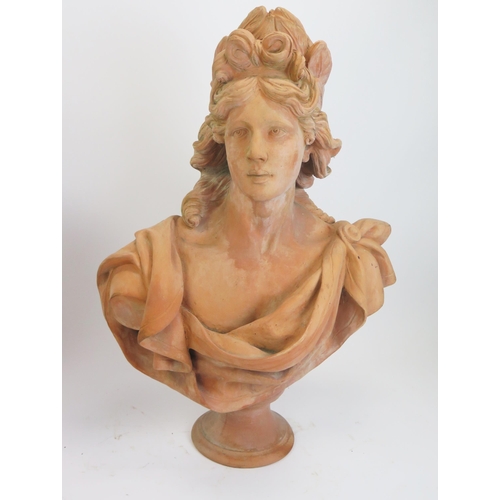 1230 - A pair of reproduction monumental terracotta busts, symbolising Diana and Apollo, raised on socle ba... 