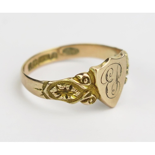 124 - An Antique 9ct Gold Shield Shaped Ring engraved with EP monogram and decorative shoulders, size P, B... 