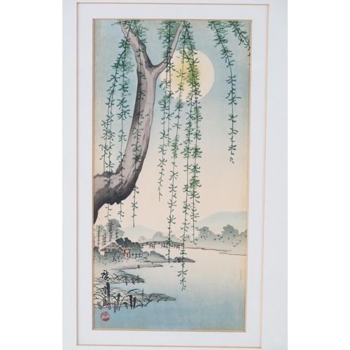 1265 - A pair of Japanese printed silk pictures depicting riverside scenes, each 15.5 x 24cm, together with... 