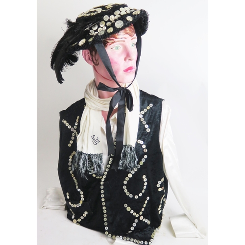 1267 - A pearly queen outfit, includes waistcoat, skirt, blouse bonnet and silk scarf. size 14.