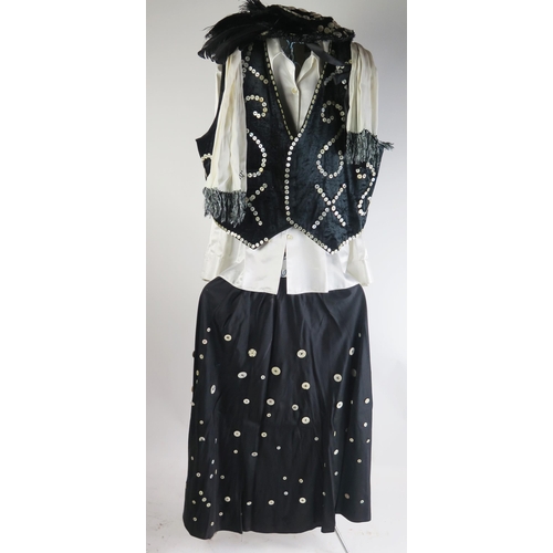 1267 - A pearly queen outfit, includes waistcoat, skirt, blouse bonnet and silk scarf. size 14.