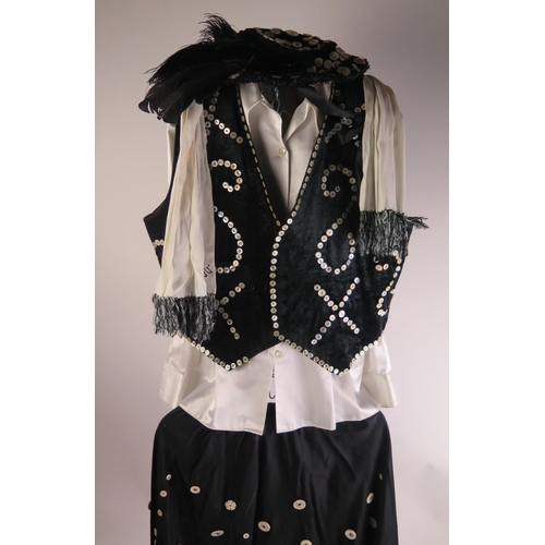 1267 - A pearly queen outfit, includes waistcoat, skirt, blouse bonnet and silk scarf. size 14.