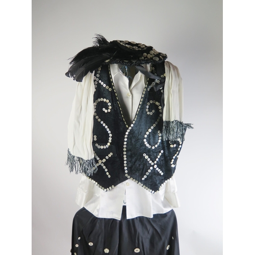 1267 - A pearly queen outfit, includes waistcoat, skirt, blouse bonnet and silk scarf. size 14.