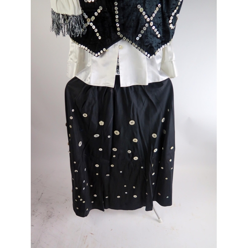 1267 - A pearly queen outfit, includes waistcoat, skirt, blouse bonnet and silk scarf. size 14.