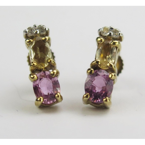 130 - A 9ct Gold, Diamond, Citrine and Amethyst Drop stud Earrings, 12.5mm drop, hallmarked, 1.79g