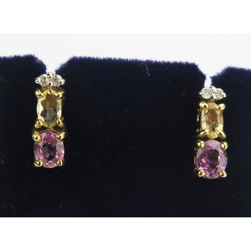 130 - A 9ct Gold, Diamond, Citrine and Amethyst Drop stud Earrings, 12.5mm drop, hallmarked, 1.79g