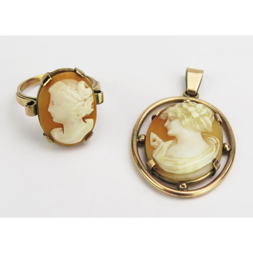 140 - A .333 Gold Shell Cameo Ring and Pendant, ring size P.5, 43.4mm drop on pendant, 13.25g