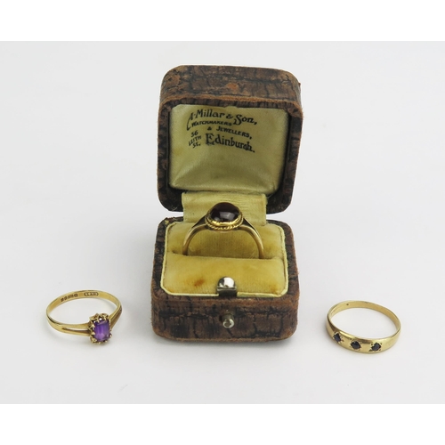 141 - A 9ct Gold and Amethyst Ring (8.1x5.8mm head, hallmarked, size M.5, 1.39g), a 9ct gold and cabochon ... 