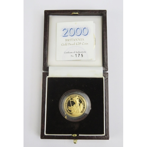 1414 - A Royal Mint 2000 1/4oz Britannia £25 Gold Proof Coin, 8.513g 99.9%. Boxed with COA no. 175.