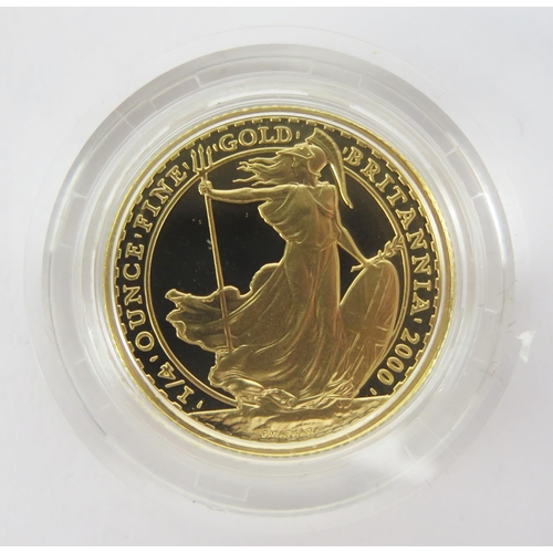 1414 - A Royal Mint 2000 1/4oz Britannia £25 Gold Proof Coin, 8.513g 99.9%. Boxed with COA no. 175.