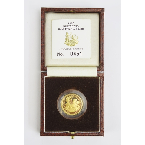 1415 - A Royal Mint 1997 1/4oz Britannia £25 Gold Proof Coin, 8.513g 99.9%. Boxed with COA No. 0451