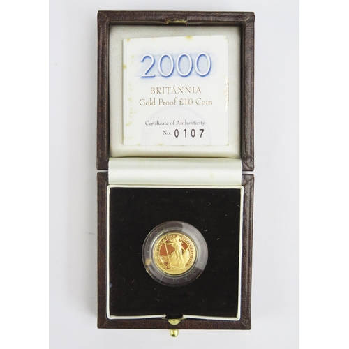 1416 - A Royal Mint 2000 1/10oz Britannia £10 Gold Proof Coin, 3.412g 99.9%. Boxed with COA No. 0107