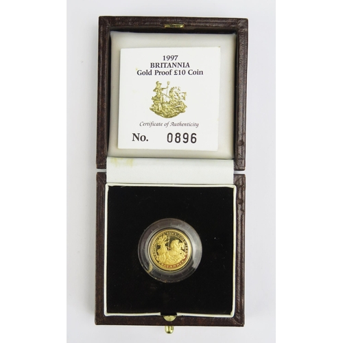 1417 - A Royal Mint 1997 1/10oz Britannia £10 Gold Proof Coin, 3.412g 99.9%. Boxed with COA No. 0896