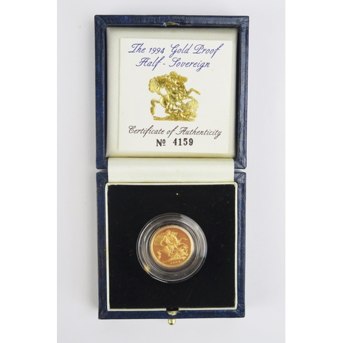 1418 - A Royal Mint 1994 Gold Proof Half-Sovereign. Boxed with COA No. 4159