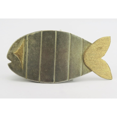 142 - A Handmade Silver and Precious Yellow Metal Fish brooch, 70.7mm, hallmarked, 23.68g