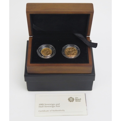 1422 - A Royal Mint 1908 Sovereign and Half Sovereign Pair. Boxed with COA