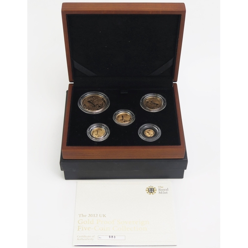 1423 - A Royal Mint 2012 Gold Proof Sovereign Five-Coin Collection comprising £5, Double Sovereign, Soverei... 