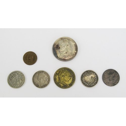 1441 - A Victoria 1887 Silver Shilling, Lauer toy sovereign and other coins