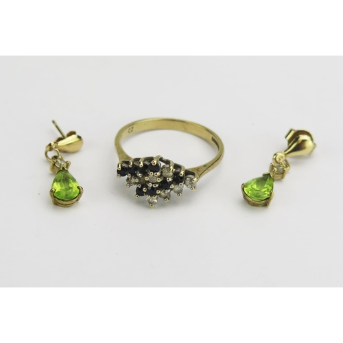 145 - A Pair of 9ct Gold CZ and Blue Stone Ring (hallmarked, size P, 2.42g) and a pair of Peridot pendant ... 