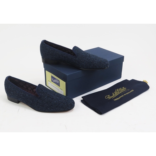 1502 - BRAND NEW Bowhill & Elliot Navy Herringbone Harris Tweed Albert Slippers, Size 7, BRAND NEW in box w... 