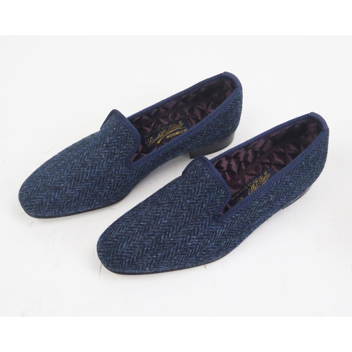 1502 - BRAND NEW Bowhill & Elliot Navy Herringbone Harris Tweed Albert Slippers, Size 7, BRAND NEW in box w... 