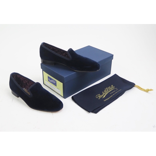 1503 - BRAND NEW Bowhill & Elliot Navy Velvet Plain Albert Slippers, Size 7, BRAND NEW in box with bag