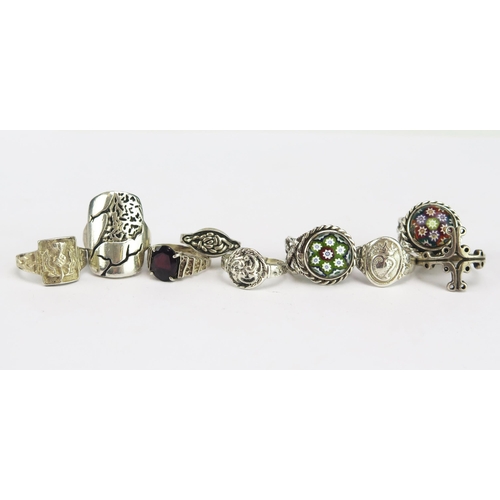 151 - Two Silver Caithness Rings with millefiori glass insets (sizes H.75 and J.25 and seven other silver ... 