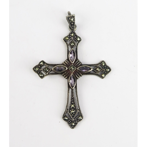 153 - A Silver, Marcasite and Amethyst Cross Pendant, 50mm drop,  4.1g