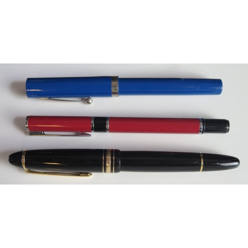 1623 - A Mont Blanc fountain pen contained in its case with box, a bottle of Mont Blanc Midnight Blue writi... 