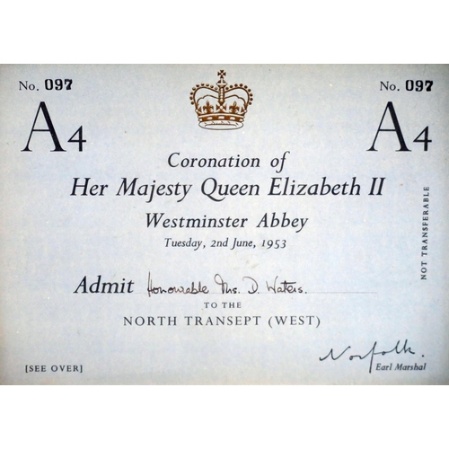 1624 - A ticket to the coronation Of Elizabeth II at Westminster Abbey, Tuesday 2nd June, 1953, mounted and... 