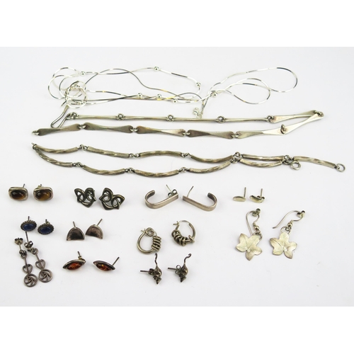 168 - Three Sterling Silver Necklaces (66.64g) and silver and white metal earrings