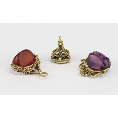 178 - Three Hallmarked 9ct Gold Fobs with amethyst, carnelian and garnet, 16.37g