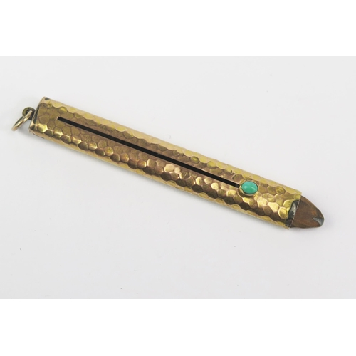 183 - A Planished Gold Telescopic Fob Pencil Holder with turquoise mounted button, London 1903, Goldsmiths... 