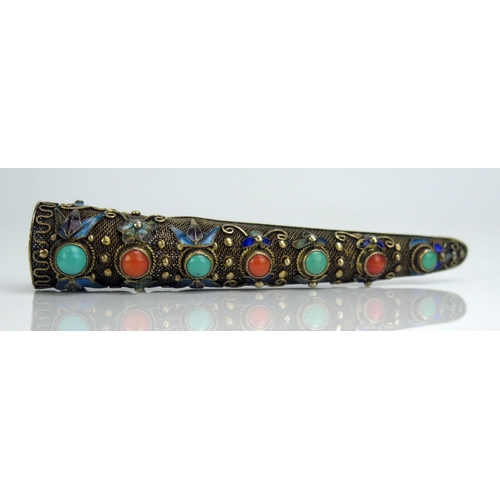 233 - A Chinese Silver Filigree Finger Guard Brooch decorated with enamel, turquoise and coral, boxed