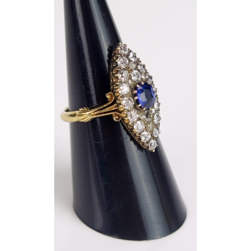 235 - An 18ct Gold, Sapphire and Old Cut Diamond Marquis Ring with a scrolling split shank, c. 5.7x4.8mm p... 