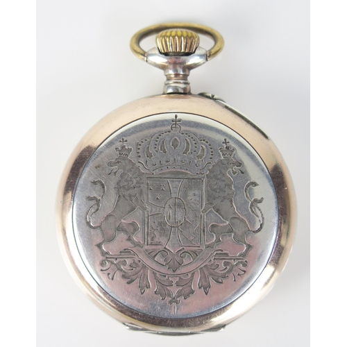 405 - A Silver and Gilt Open Dial Keyless Pocket Watch with engraved crest to the back, the dust plate eng... 