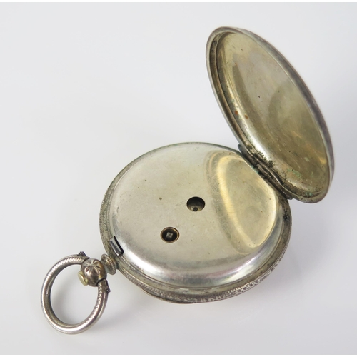 407 - A Silver cased Open Dial Key Wound Fob Watch with chased decoration, 38.2mm case. Needs attention