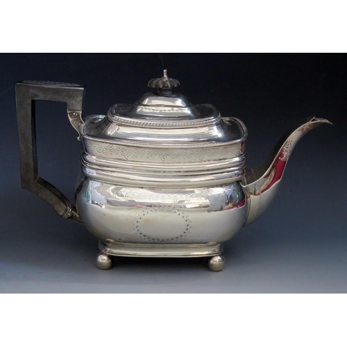 596 - A George III silver teapot, maker's mark worn, London, 1813, of barge-shaped outline, with domed hin... 