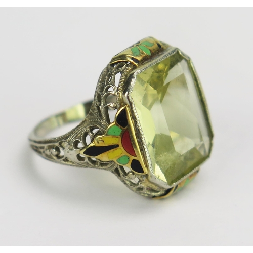 66 - A White Gold, Citrine and Enamel Ring in an ornate pierced setting, 13.3x11.8mm stone, size H, unmar... 