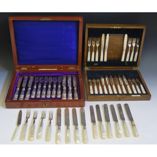 671 - A case of silver plated and mother-of-pearl handled fruit knives and forks, other mother-of-pearl ha... 