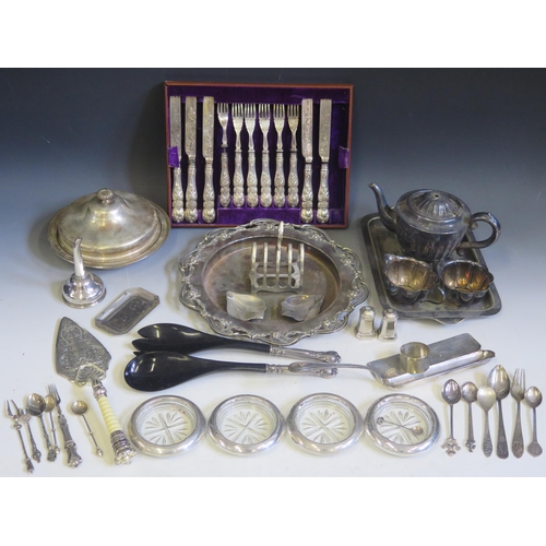 672 - A collection of assorted silver plated wares, includes, tray wine funnel, serving dish and cover, fl... 