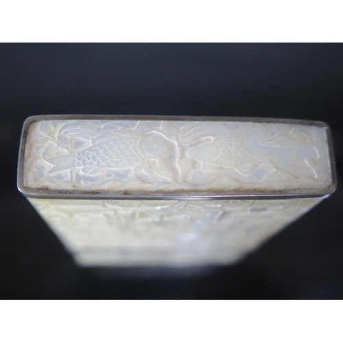 686 - A Chinese mother-of-pearl and silver banded card case, with carved panels of figures in a pagoda lan... 