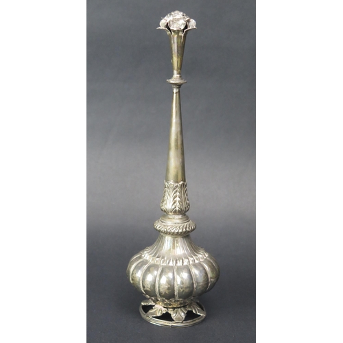 689 - A continental silver rose water holder, the slender tapering neck with flowerhead terminal, having a... 