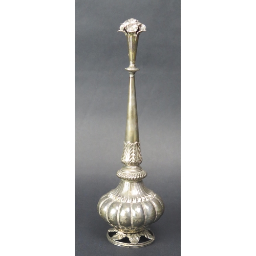 689 - A continental silver rose water holder, the slender tapering neck with flowerhead terminal, having a... 