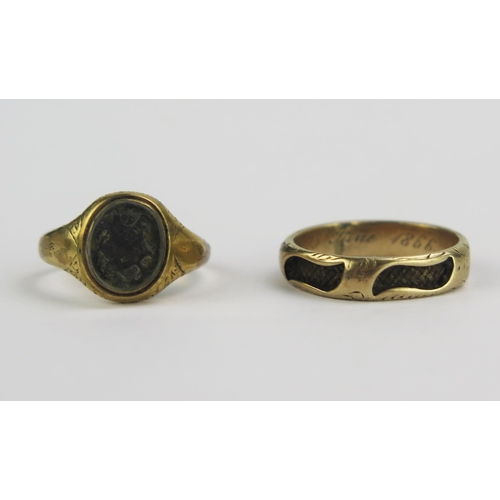 69 - Two Victorian Yellow Metal and Hair Memorial Ring _ band engraved 