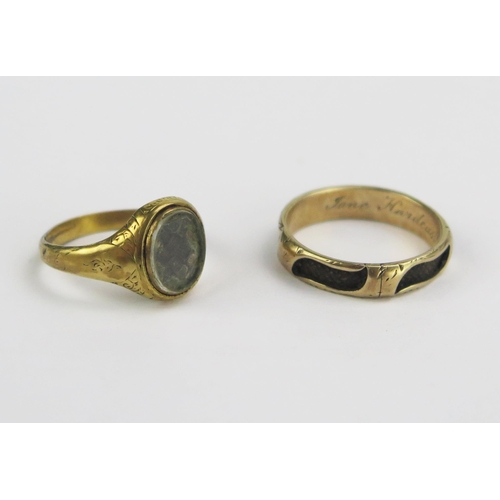 69 - Two Victorian Yellow Metal and Hair Memorial Ring _ band engraved 