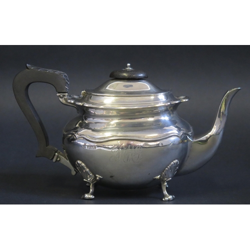 691 - A George V silver bachelors teapot, maker John Round & Son Ltd, Sheffield, 1911, monogrammed, of ova... 